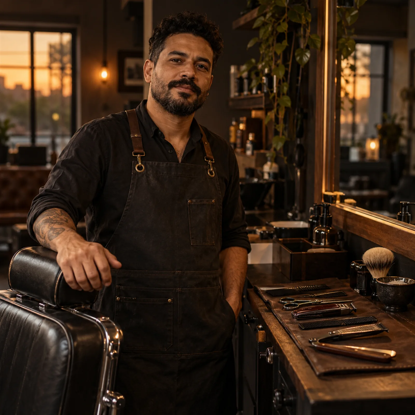 Barbeiro em sua barbearia em Uberaba, com navalha, máquina e pincel