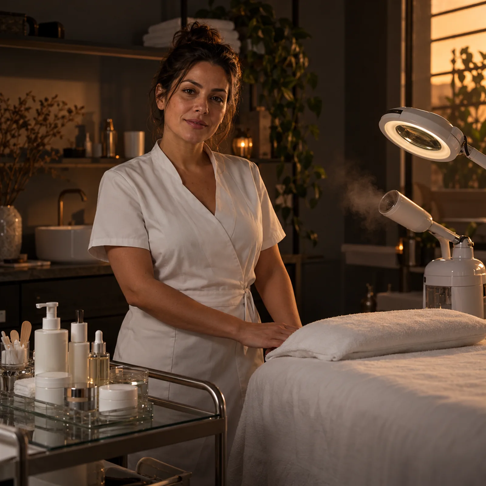 Esteticista em sua clínica em Uberaba, com maca e equipamentos de atendimento