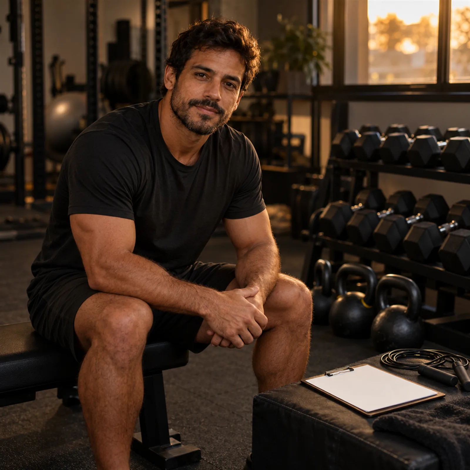 Personal trainer em seu estúdio em Uberaba, com halteres e prancheta