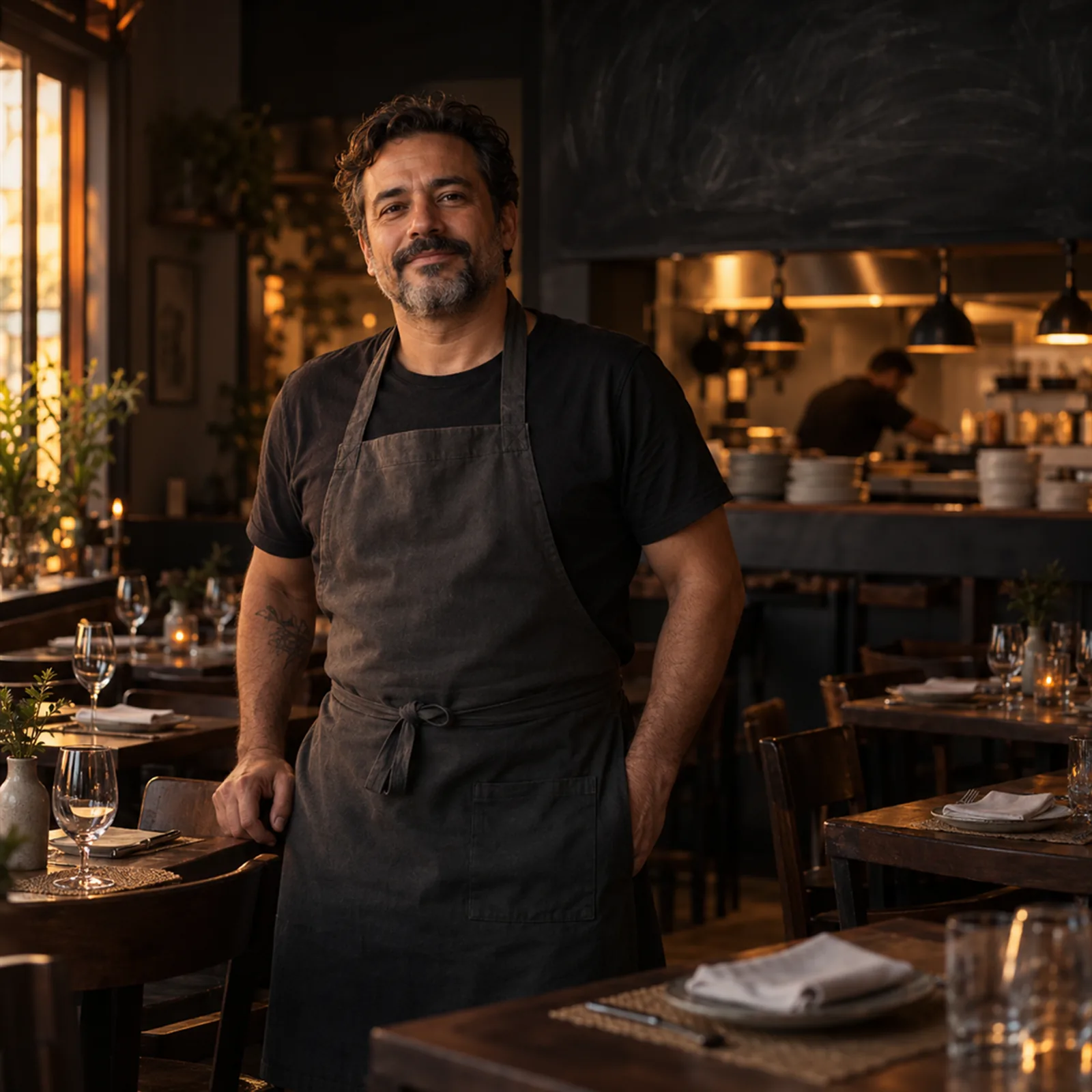 Dono de restaurante em seu salão em Uberaba, com as mesas postas