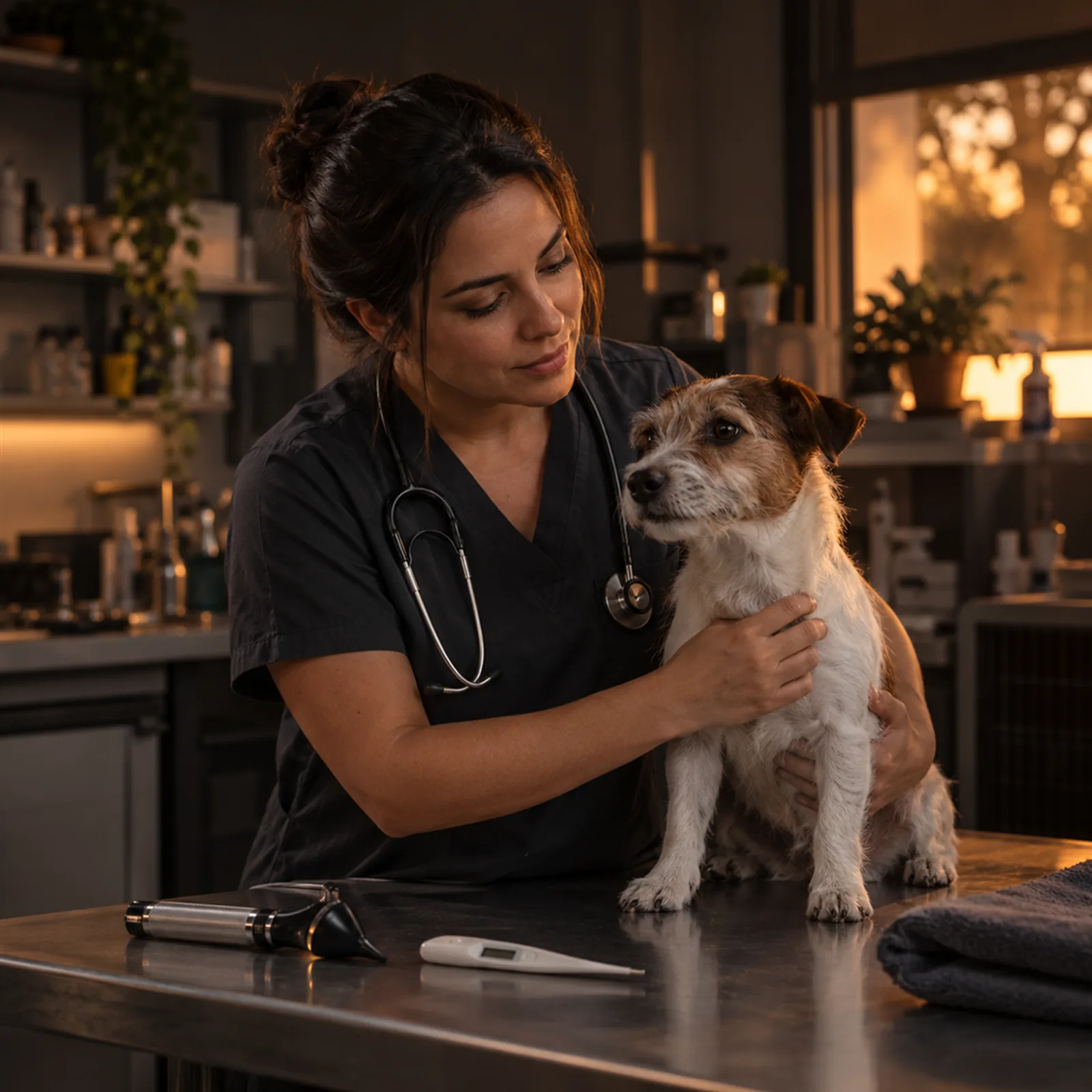 Veterinária em sua clínica em Uberaba, atendendo um cão na mesa
